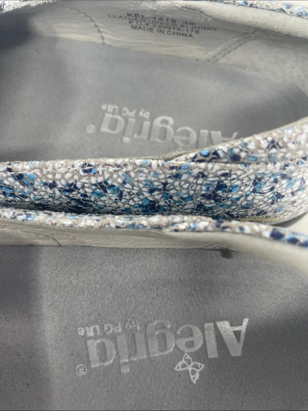 Alegria By PG Lite Leather Sparkling Blue Silver Slip-On Flats Size  7.5